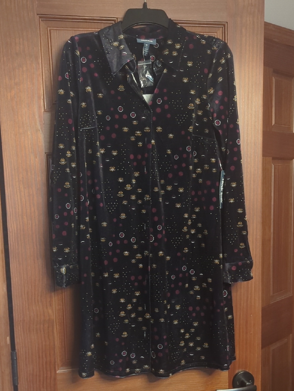 ModCloth Black Velvet Long-Sleeve Dress with Gold and Plum Accents